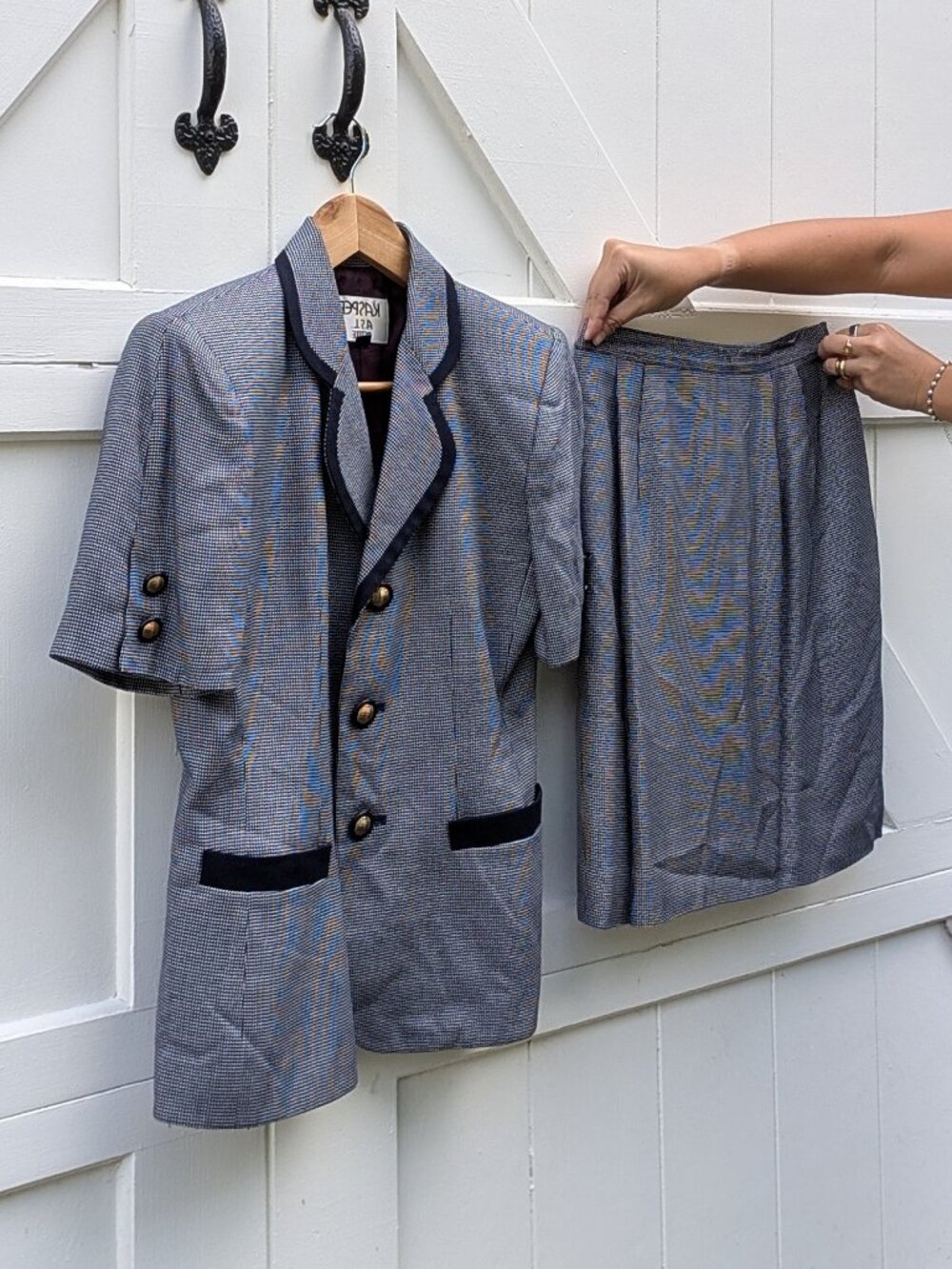 Vintage Kasper ASL Petite Blue Micro Check Short Sleeve Skirt Suit Set 6P